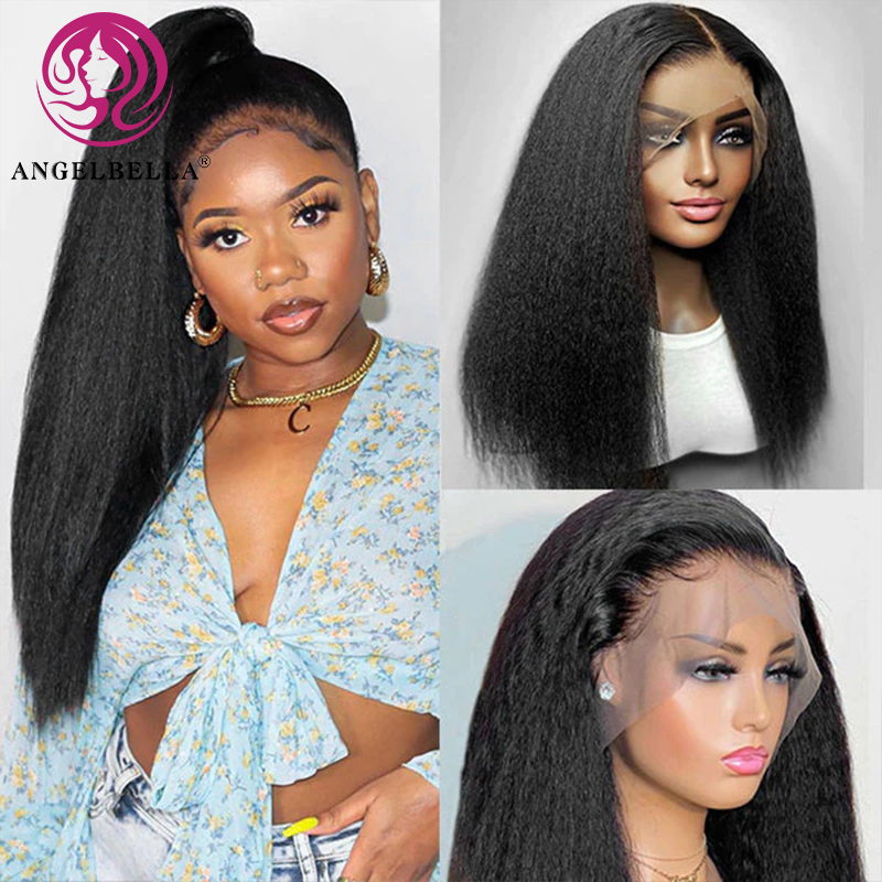 Angelbella DD Diamond Hair 13x4 Kinky recto 1B# CUCHA CUERA RURA Humana Cabello alineado pelucas de encaje HD