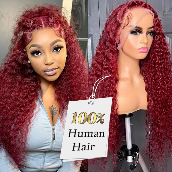Peluca Borgoña de 16-30 pulgadas Cabello humano 99j Borgoña 13x4 Pelucas delanteras de encaje ondulado profundo Pelucas frontales de encaje transparente pre arrancadas para mujeres negras Peluca de color rojo