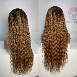 Pelucas frontales de encaje resaltadas de 13x4, cabello humano prearrancado con cabello de bebé (rubio a marrón, 26 pulgadas, densidad 180)