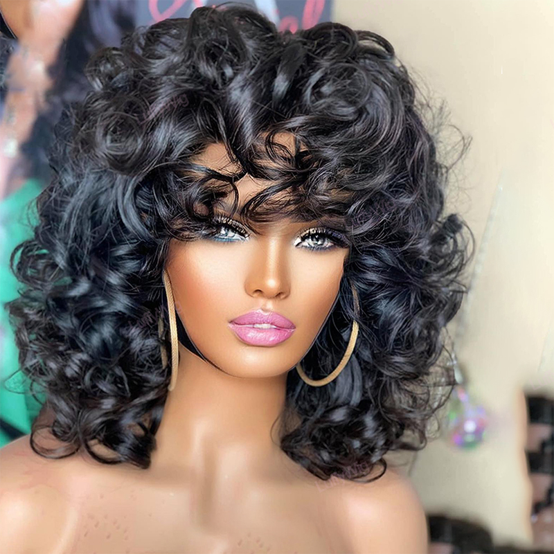 Luces de peluca de cabello humano rizado con flequillo Pixie Cut Bob Wigs Romance Curl Human Hair Wig for Women