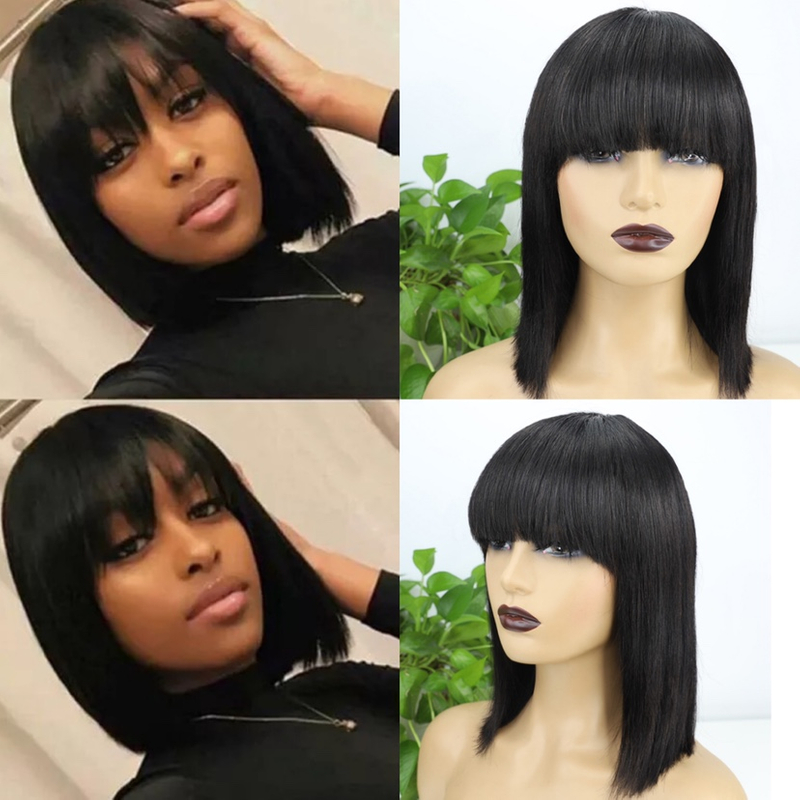 Peluca de máquina bob corta con flequillo cabello humano para mujeres negras