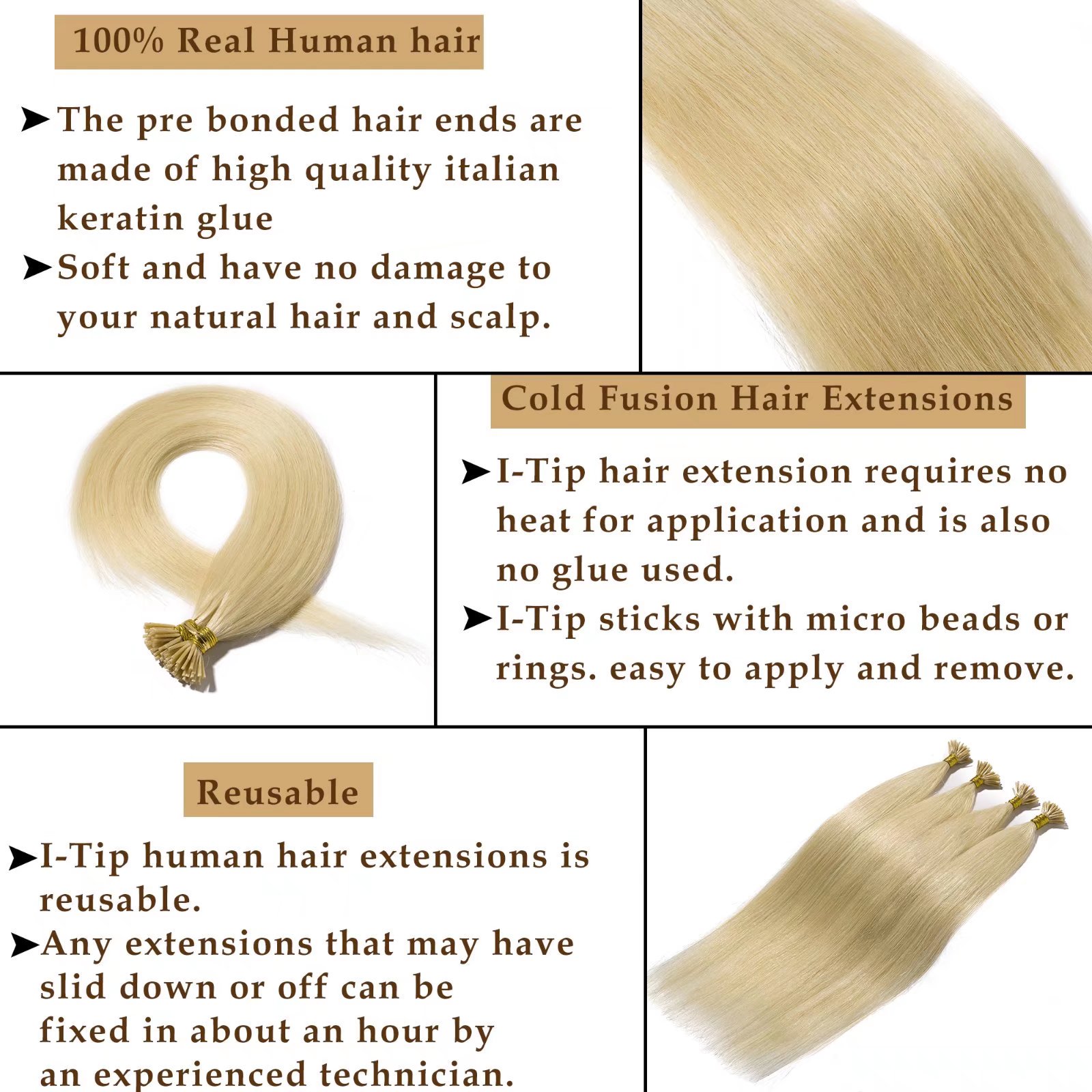 100% crudo Virgin Human Human I-Tip Extensiones Cutícula Alineada Buzo Recto I-Tip Cabello Al por mayor