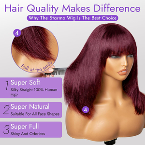 99J Red Bob Remy Wigs con flequillo de 10 pulgadas Máquina hecha Borgoña Borgoña