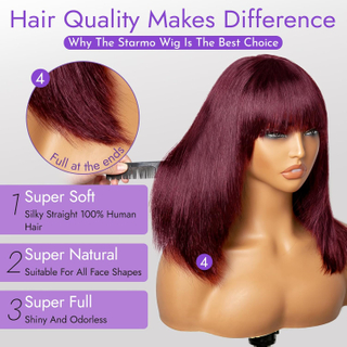 99J Red Bob Remy Wigs con flequillo de 10 pulgadas Máquina hecha Borgoña Borgoña