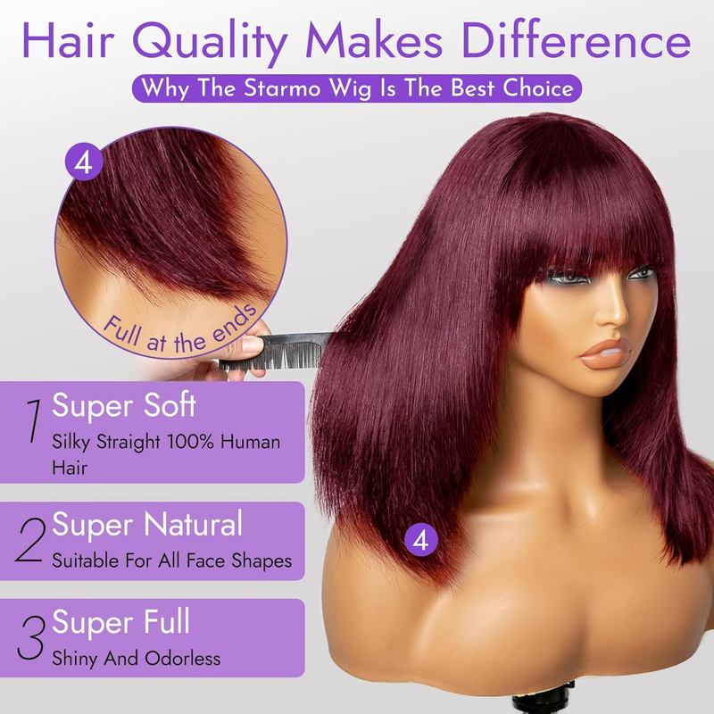 99J Red Bob Remy Wigs con flequillo de 10 pulgadas Máquina hecha Borgoña Borgoña