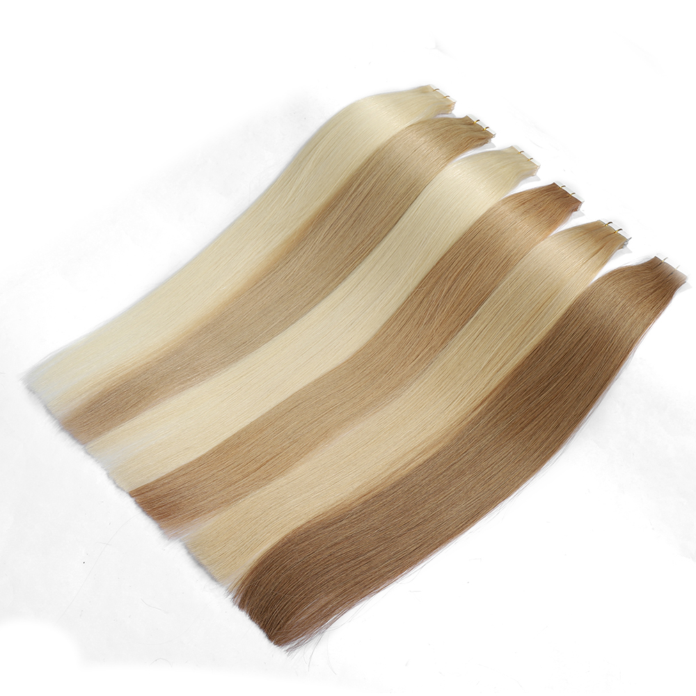 Extensiones de cabello humano Extensiones de cabello de trama plana de PU Extensión de cabello humano Remy con agujeros Rubio ceniza Rubio destacado 18/613 Cinta invisible en extensión de cabello para mujeres