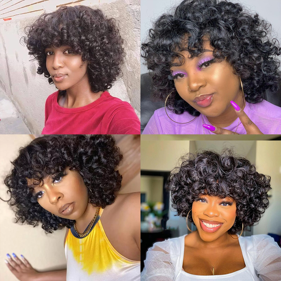 Luces de peluca de cabello humano rizado con flequillo Pixie Cut Bob Wigs Romance Curl Human Hair Wig for Women