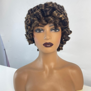 Peluca corta y rizada para mujeres negras con flequillo hinchable esponjoso cabello humano rizado 2 tonos ombre más oscuro marrón corto rizado