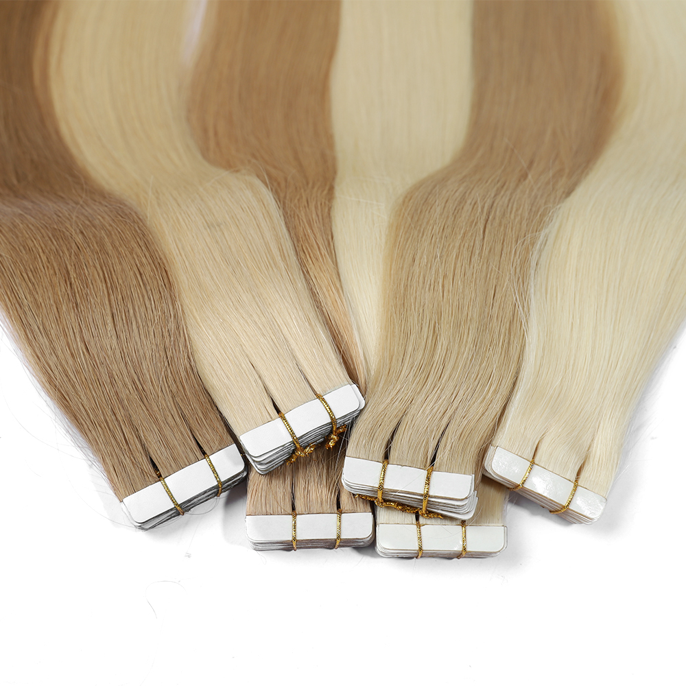 Angelbella Vendedor Venta al por mayor Extensiones de cinta rubia Cabello humano real Extensiones de cabello invisibles Cinta en Extensiones de cabello con cinta de trama de piel de PU rubia platino Cabello real para mujeres 8-32 pulgadas