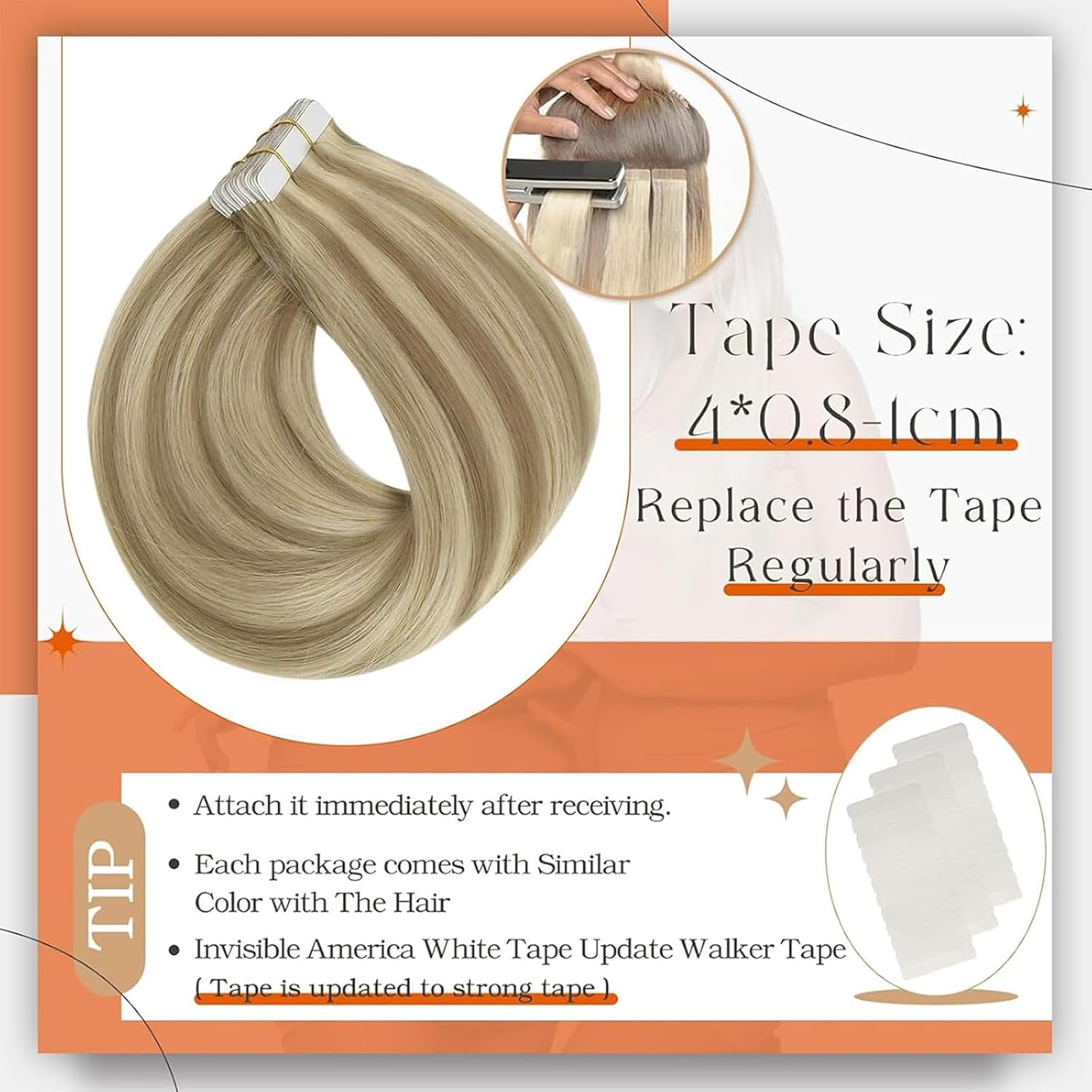 Angelbella Extensiones de cabello con cinta de cabello humano real de 22 pulgadas, color 16 resaltado 22 extensiones de cabello rubio, cinta en 3.53 oz, cinta de poliuretano en cabello humano, extensión de trama de piel sin costuras, cabello natural