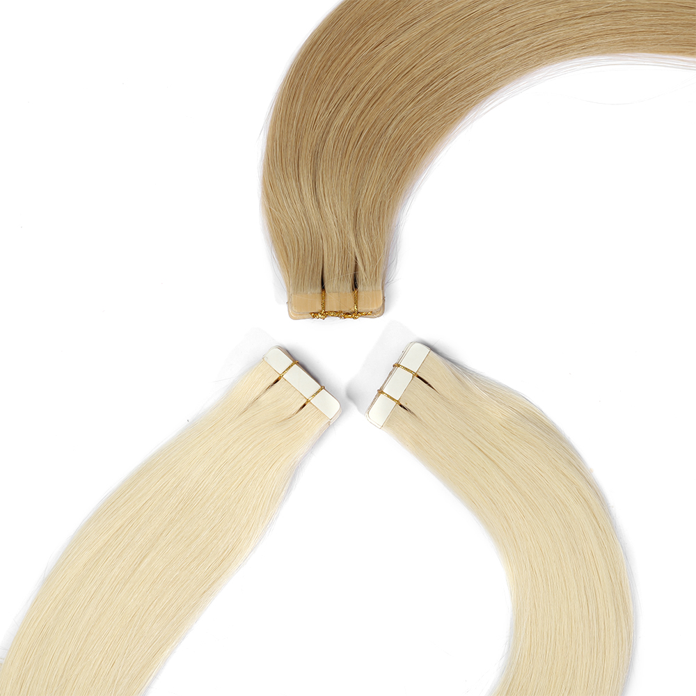 Extensiones de cabello humano Extensiones de cabello de trama plana de PU Extensión de cabello humano Remy con agujeros Rubio ceniza Rubio destacado 18/613 Cinta invisible en extensión de cabello para mujeres