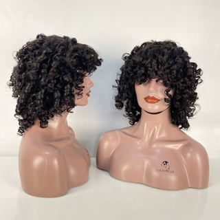 Pelucas afro rizadas en espiral para mujeres negras sin glóbulo brasileño Remy Funmi Curls Kinky Curly Wavy Black Wig con flequillo