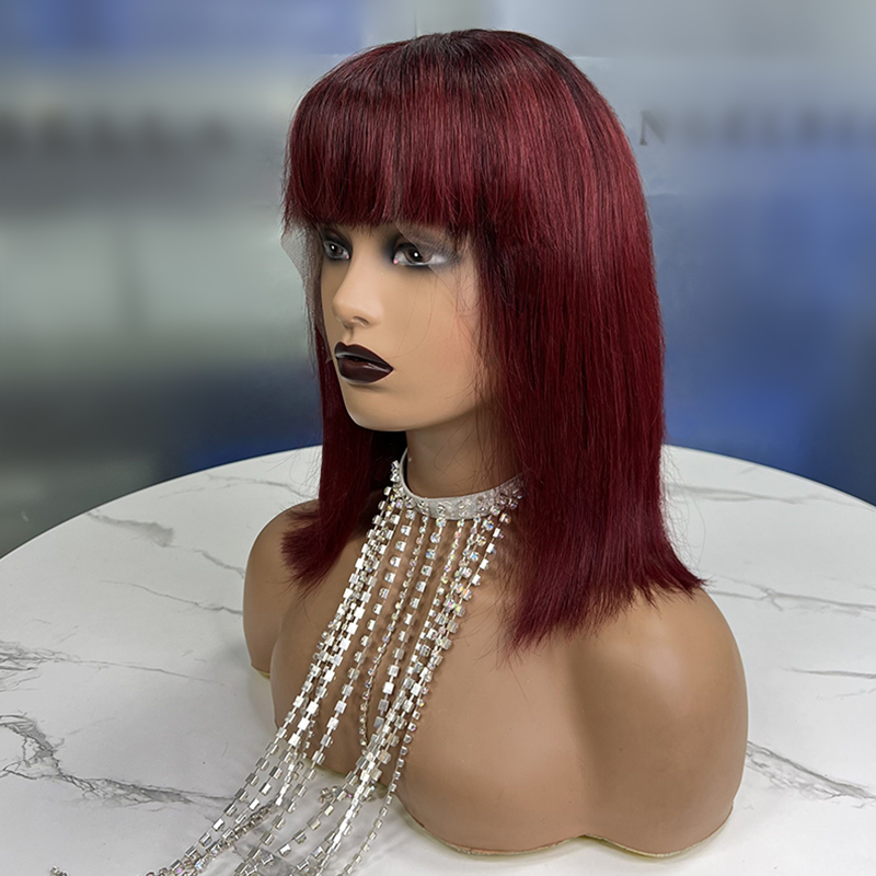 #99J Borgoña Boba recta pelucas brasileño Virginia Cabello corto cabello humano pelucas de encaje