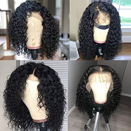 Pelucas bob cortas y rizadas cabello humano virgen para mujeres negras prejuguadas con cabello para bebés 150% de densidad (10 pulgadas, 13x4）