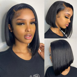 Color natural 10 pulgadas Cabello humano recto Bobas cortas de densidad 180% Pelera frontal de encaje liso transparente transparente para mujeres