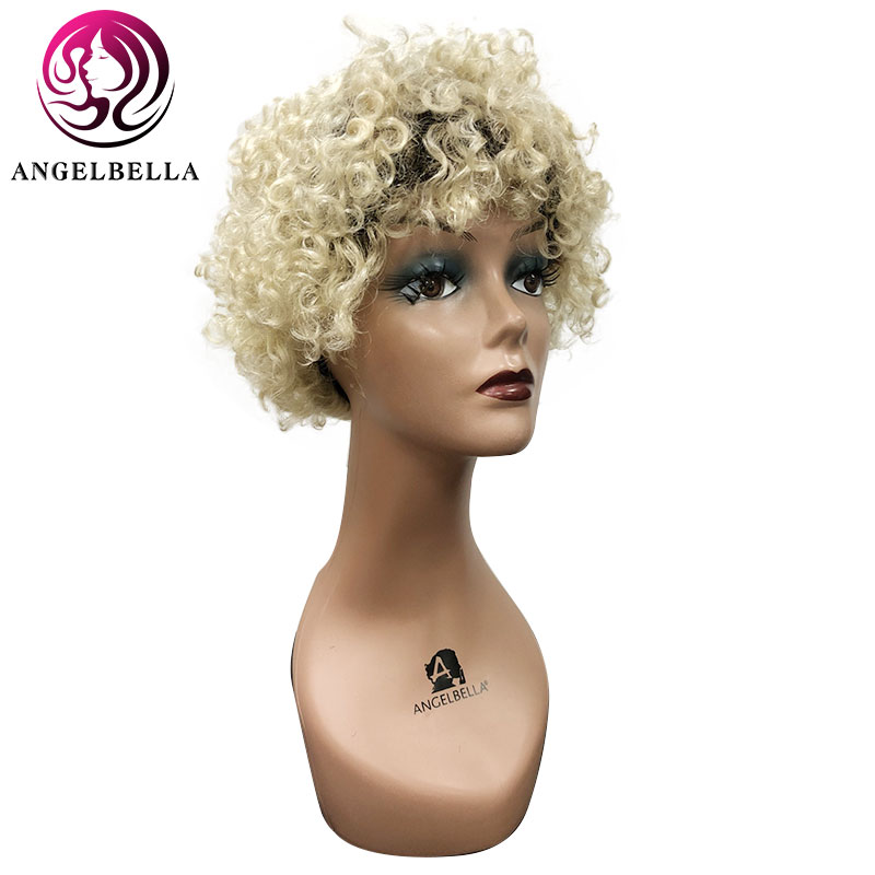 Miel rubia Afro peluca real cabello humano real corta brasileña peluca afro rizado 