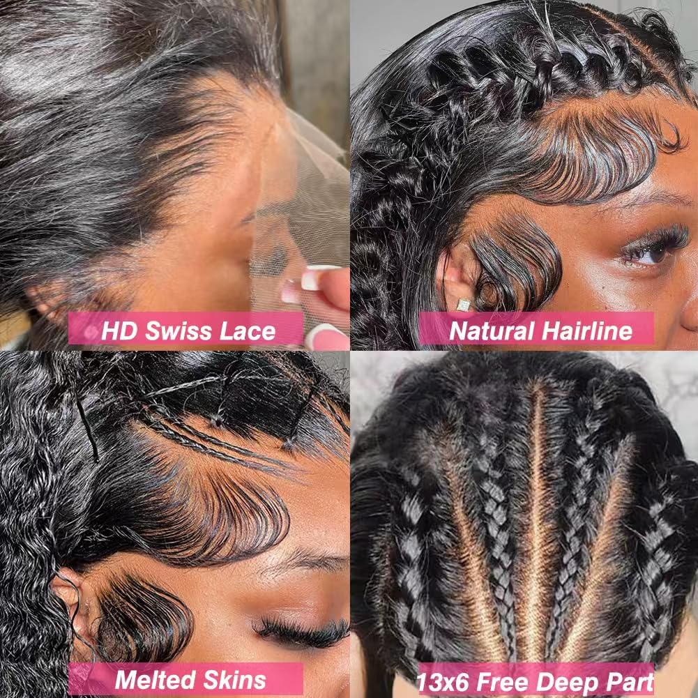 AngelBella 12-40 pulgadas onda de agua pelucas delanteras de encaje cabello humano pre arrancado 13x6 parte profunda HD encaje frontal peluca 180 densidad rizado cabello humano peluca para mujeres