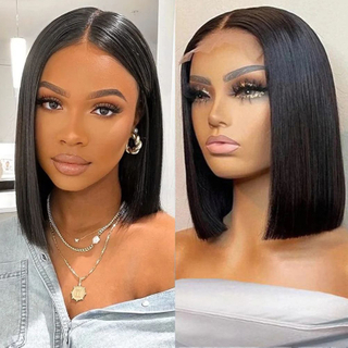 Cabello de cabello humano brasileado Brasileño Cambria frontal transparente Swiss Swiss Smooth Straight Short Bob Wigs para mujeres negras