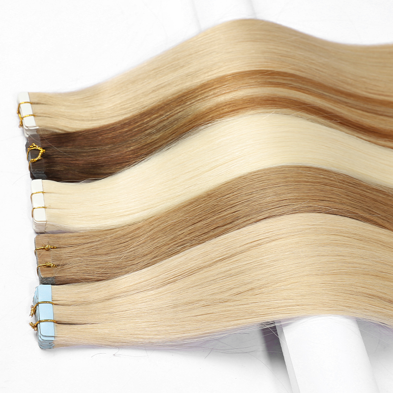 Cinta rubia natural en extensiones de cabello cabello humano invisible 613 hueso rubio cinta recta 100% virgen cruda cabello humano
