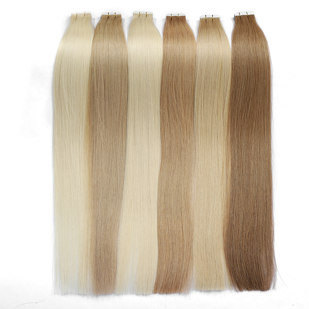Angelbella Vendedor Venta al por mayor Extensiones de cinta rubia Cabello humano real Extensiones de cabello invisibles Cinta en Extensiones de cabello con cinta de trama de piel de PU rubia platino Cabello real para mujeres 8-32 pulgadas