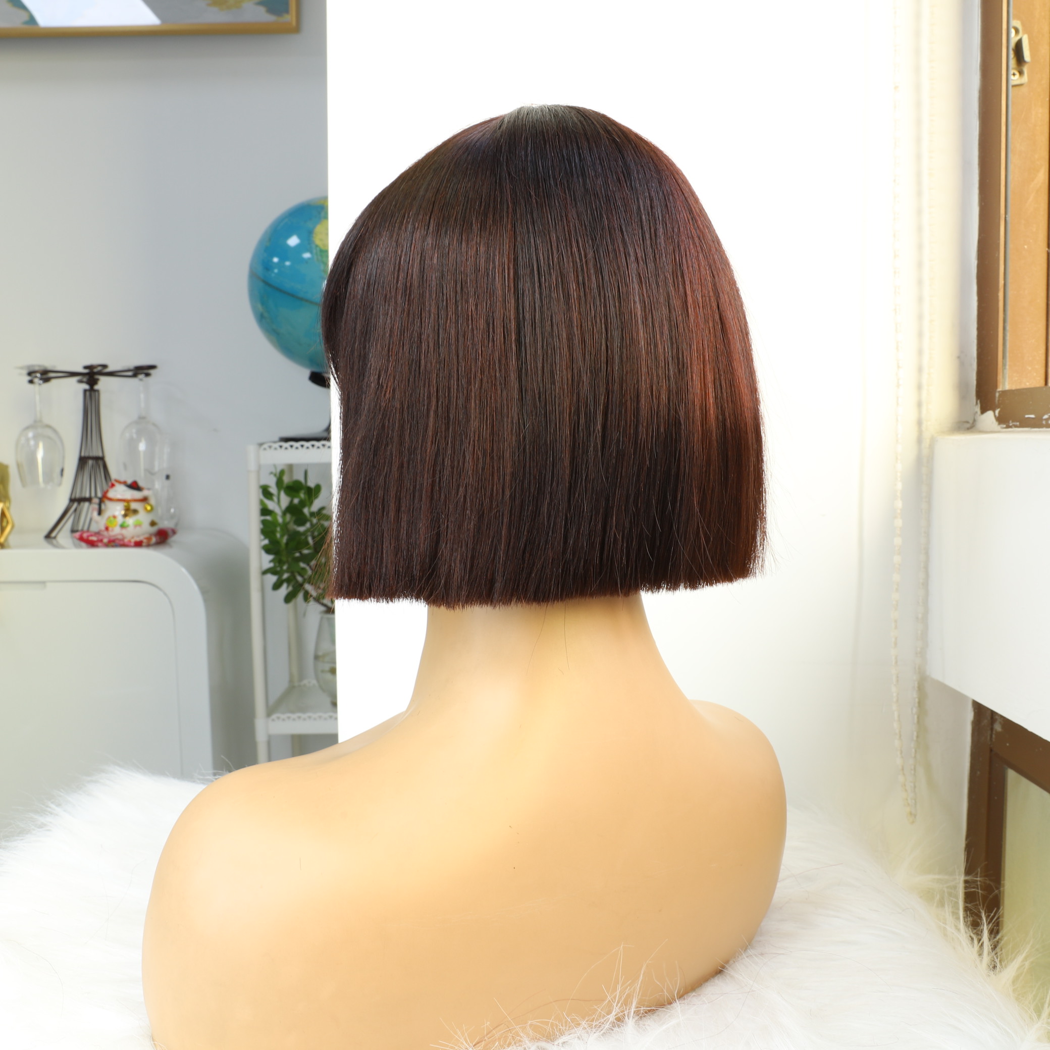 Peluca de cabello humano de bob corto con flequillo para mujeres pelucas de cabello remy recto marrón oscuro