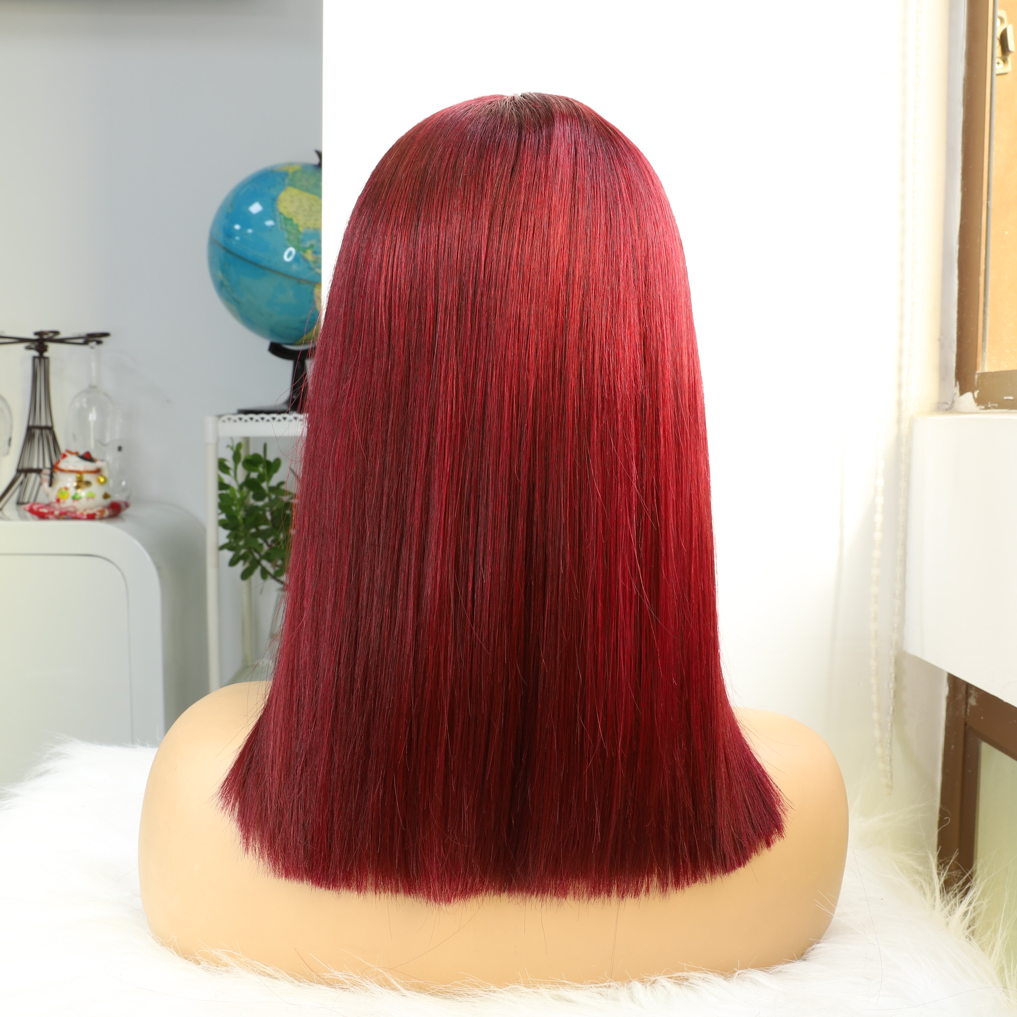 99J pelucas bob de encaje delantero rojo recto cabello humano 14 pulgada burdeos