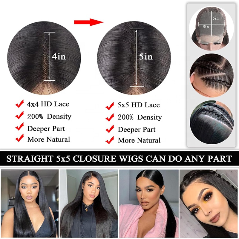 Al por mayor 180% de densidad transparente 4x4 Cierre de encaje Peluca de cabello liso Peluces de cabello humano sin glúcar para mujeres negras