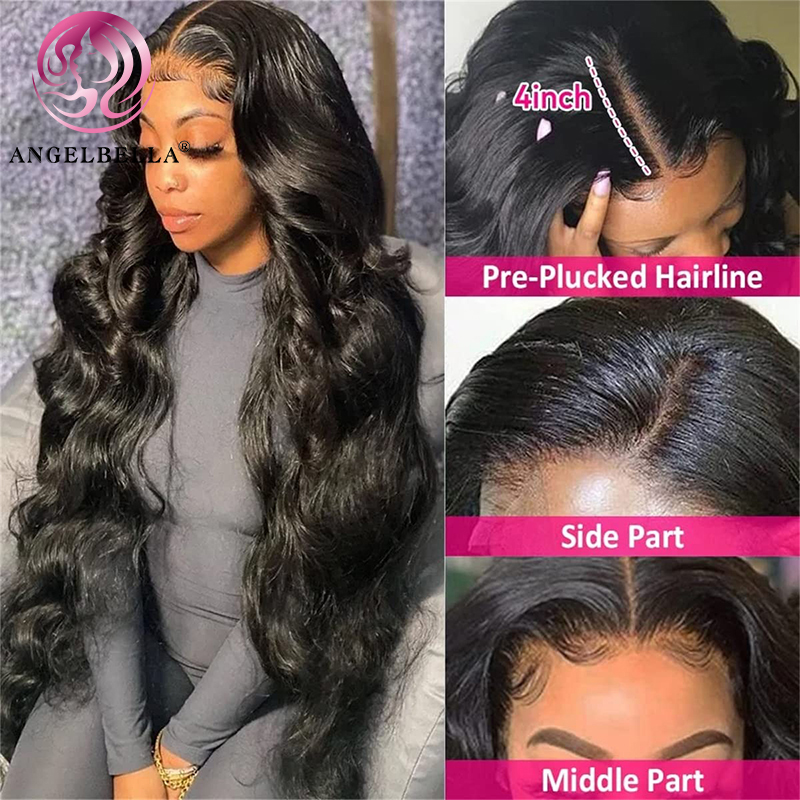 Angelbella Queen Doner Virgin Hair 13x4 Black Body Wave HD Lace frontal Peluces de cabello humano