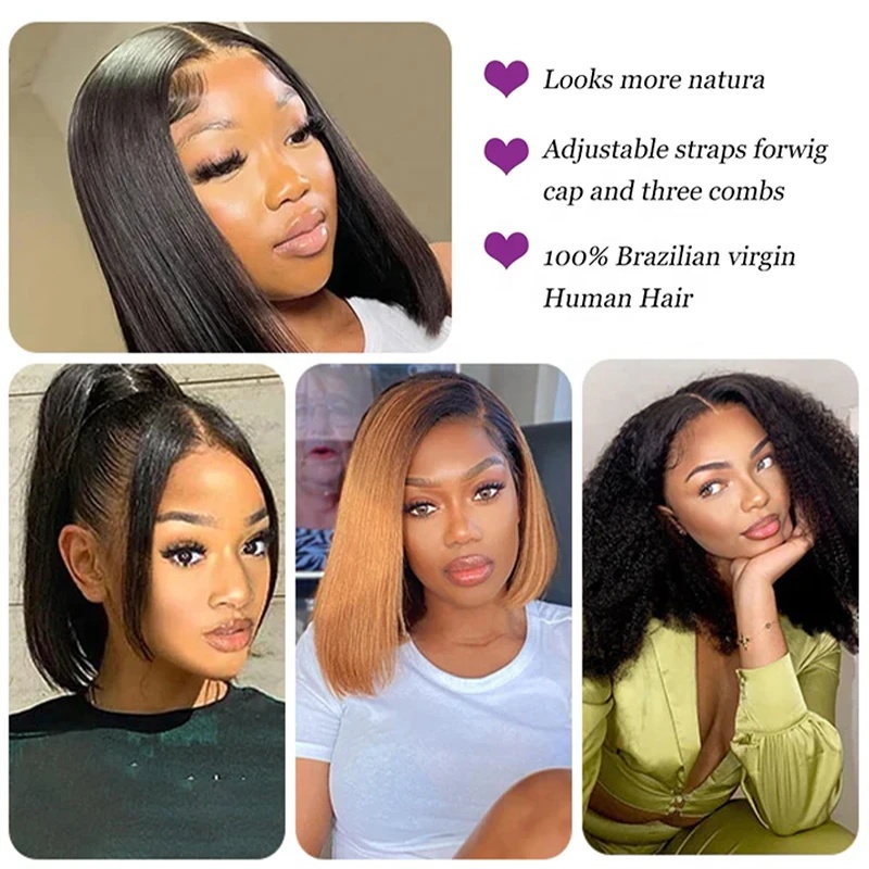 Color natural 10 pulgadas Cabello humano recto Bobas cortas de densidad 180% Pelera frontal de encaje liso transparente transparente para mujeres