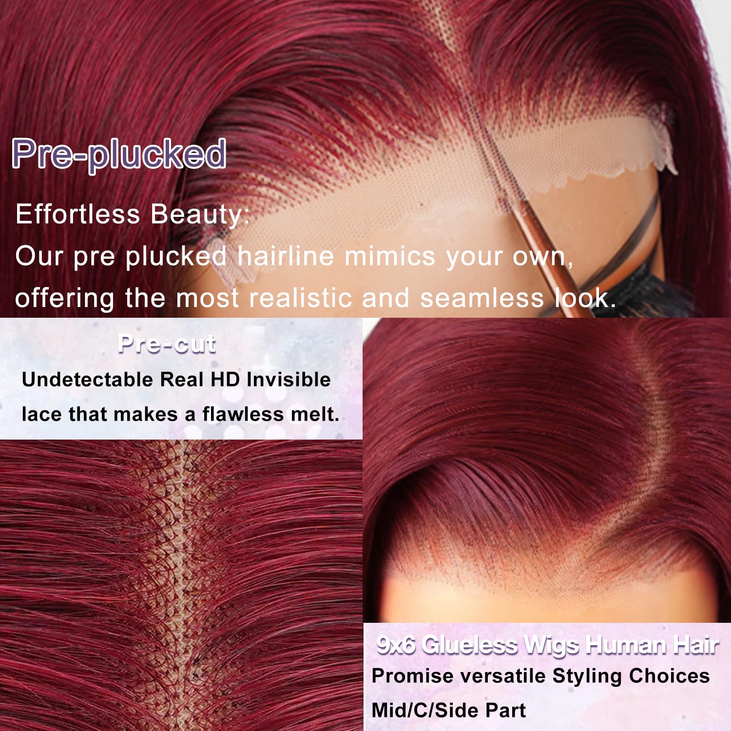 Pelucas delanteras del cordón de la parte T transparente recta sedosa roja del vino de Borgoña 99J