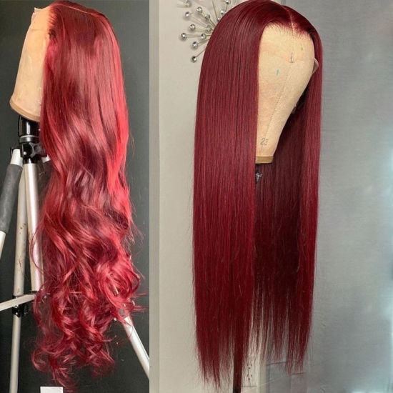 Brasileño Remy Hair Wig Wine Red coloreado 150% Densidad 13x4 Cordano frontal