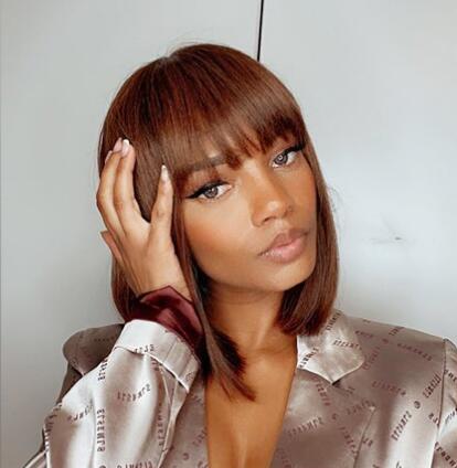 Peluca de cabello humano de bob corto con flequillo para mujeres pelucas de cabello remy recto marrón oscuro