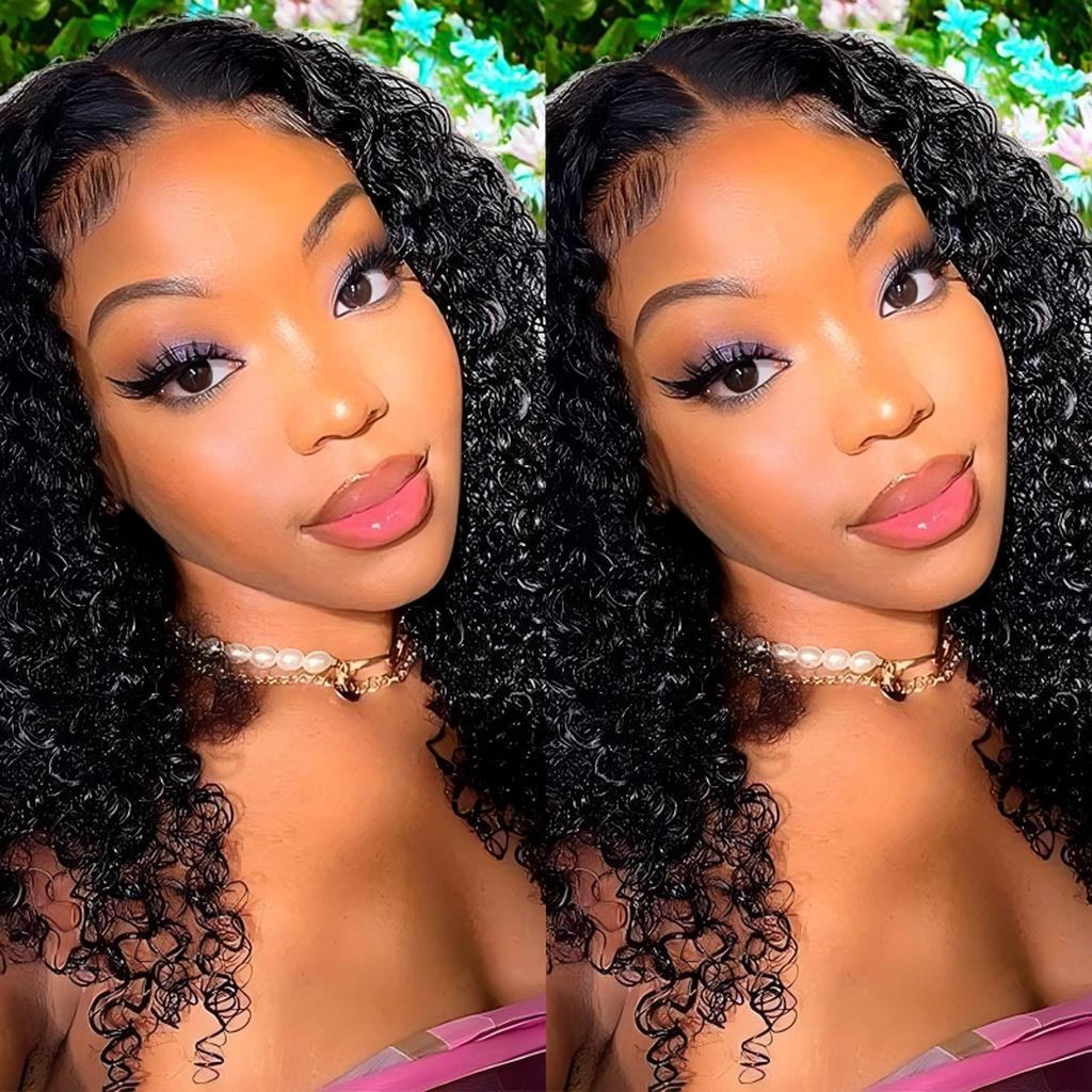 Angelbella Color natural Jerry Curly 4x4 Long Virgin Remy Hair Wig HD Transparente Cabello humano sin glúeramiento Cierre de encaje de encaje de cierre