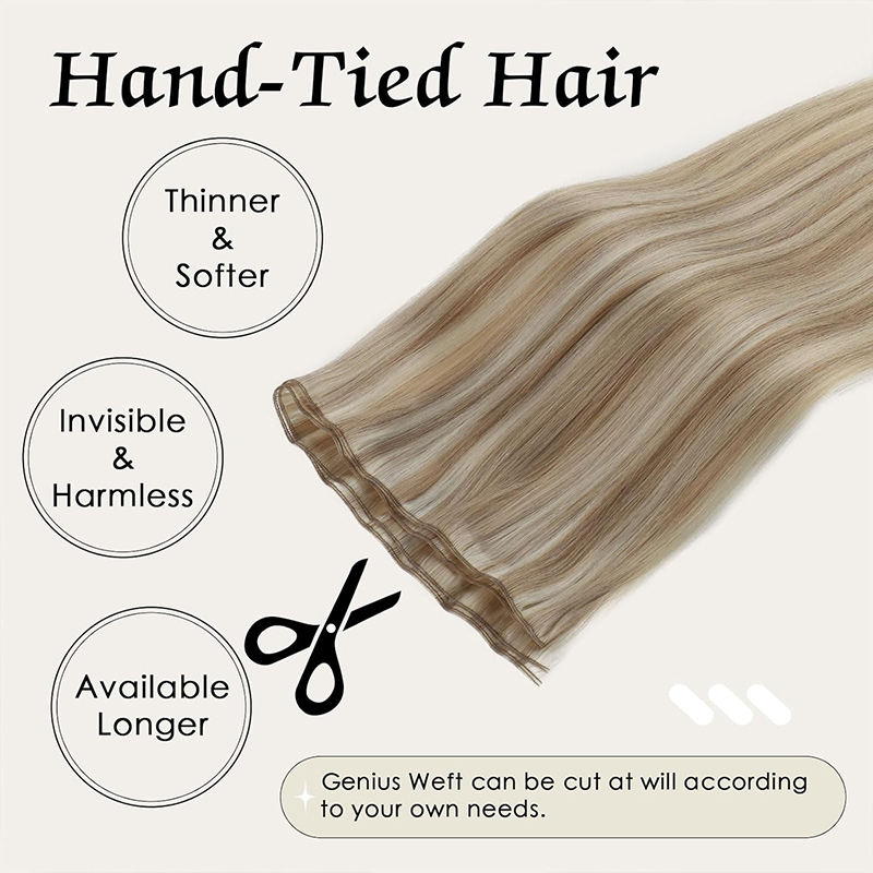 AngelBella Full Shine Genius Trama Extensión de Cabello Cabello Humano 20 Pulgadas Rubio Cabello Humano Trama Color Rubio Ceniza Resaltado Bleach Rubio Extensiones de Cabello Cabello Humano Real Trama Atada a Mano