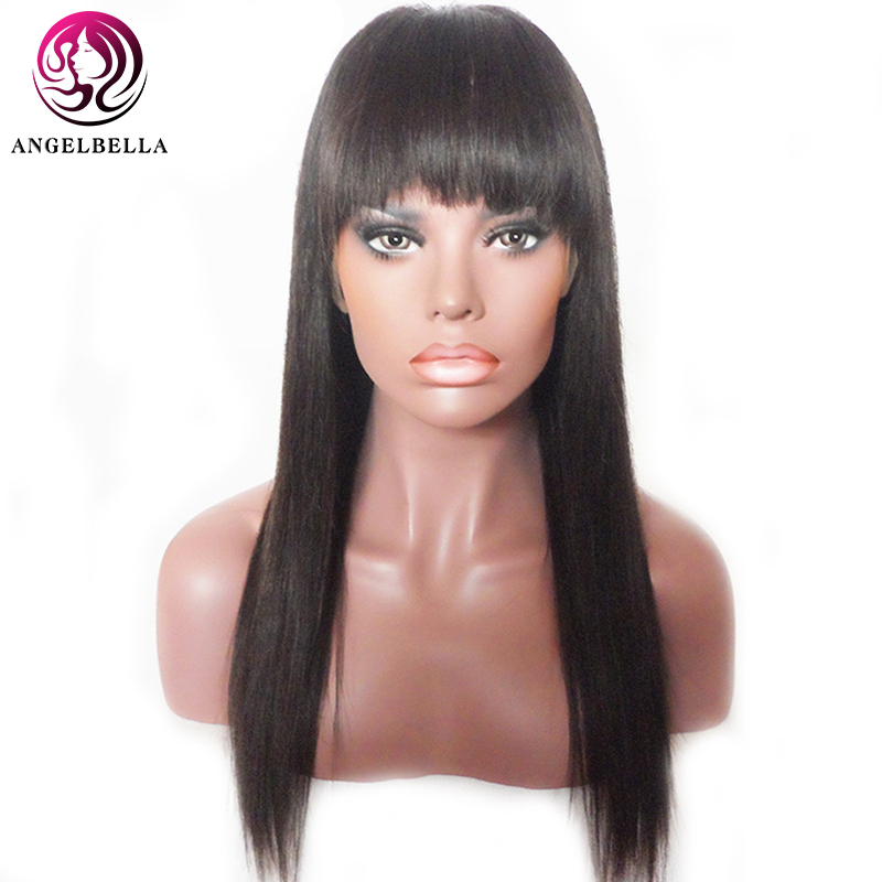 Pelucas de cabello humano recto negro largo con flequillo 100 pelucas de cabello humano Remy para mujeres 